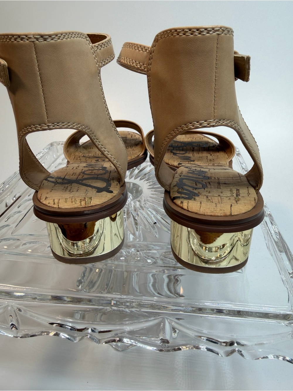 Sam Edelman Teri FF Beige Leather gold Block Heel Sandals - Women 7 - Picture 5 of 8